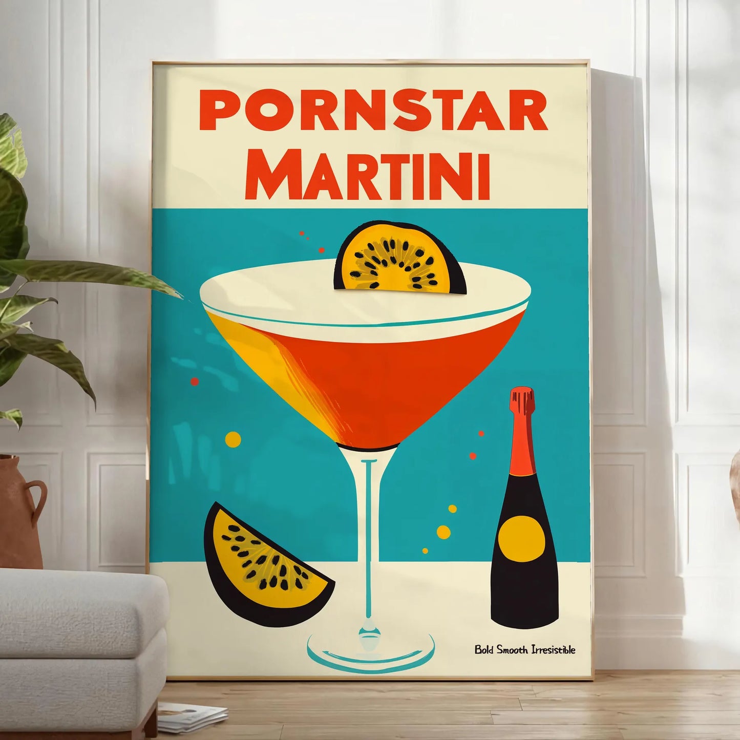 space vibrant Pornstar Martini Cocktail poster striking blue red color palette eye piece playful stylish touch decor lovers art enthusiasts