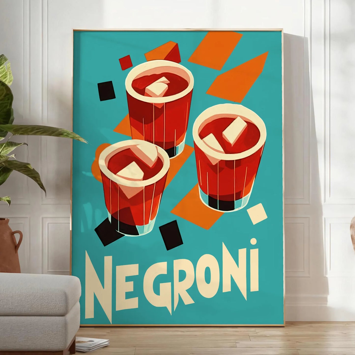 space stunning Negroni cocktail poster vibrant orange rich brown hues timeless elegance passion mixology decor enthusiasts art lovers unframed options