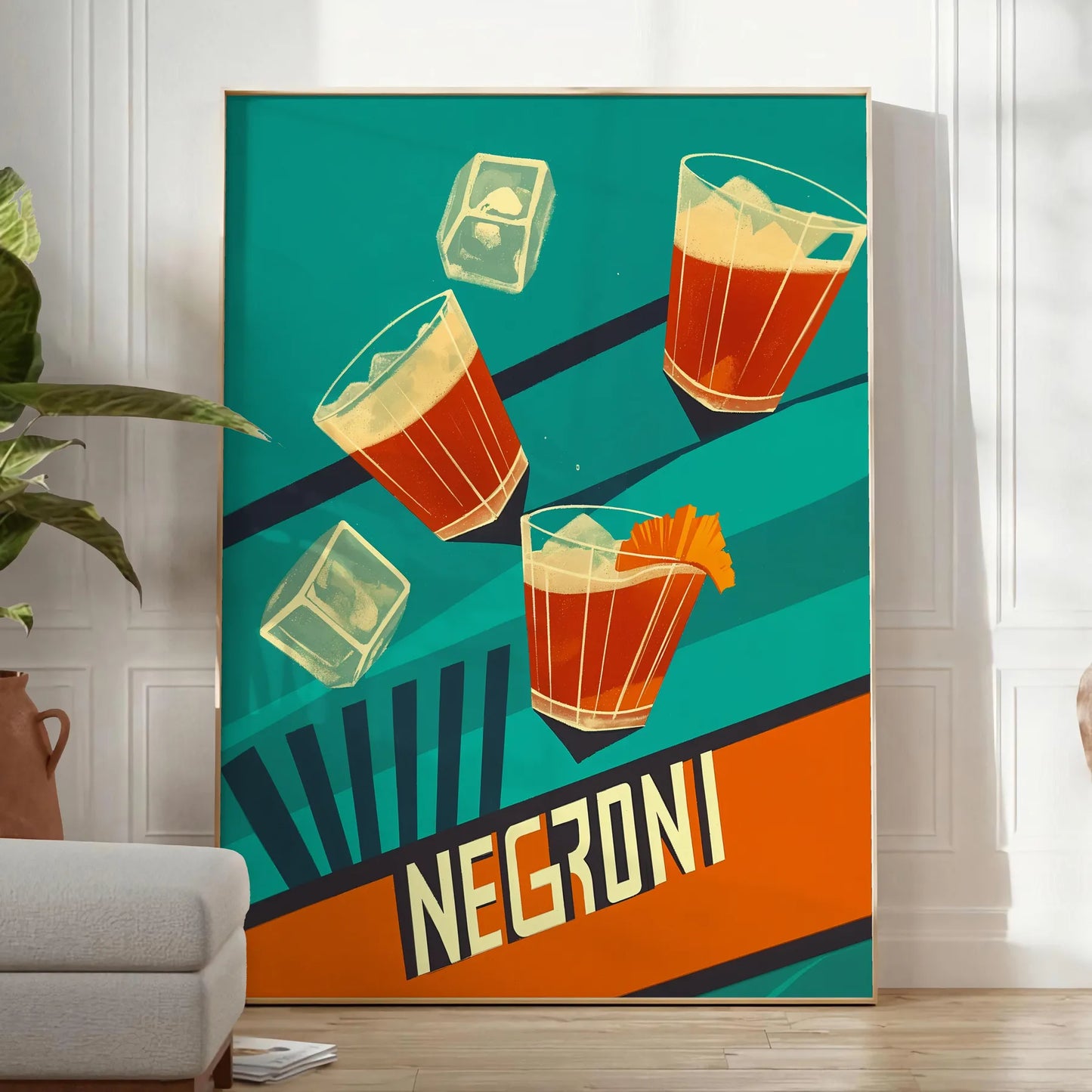 space vibrant Negroni cocktail poster striking blend orange green hues enthusiasts art lovers eye wall splash creativity room convenience