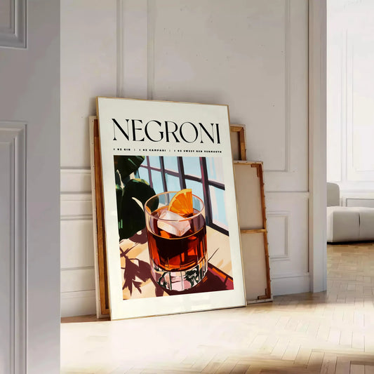 space vibrant Negroni cocktail poster chic white orange design enthusiasts art piece splash creativity room style options unframed display