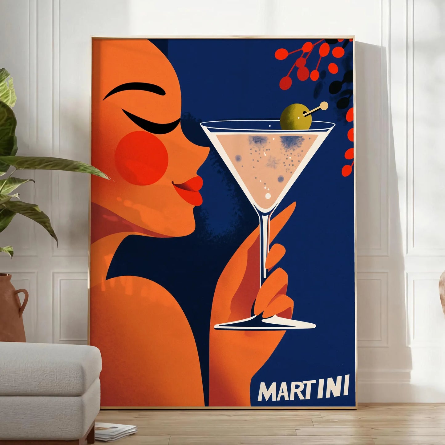 space vibrant Woman Martini Cocktail poster stunning blend orange green hues lovers art enthusiasts splash elegance room A4 cm A0 dimensions