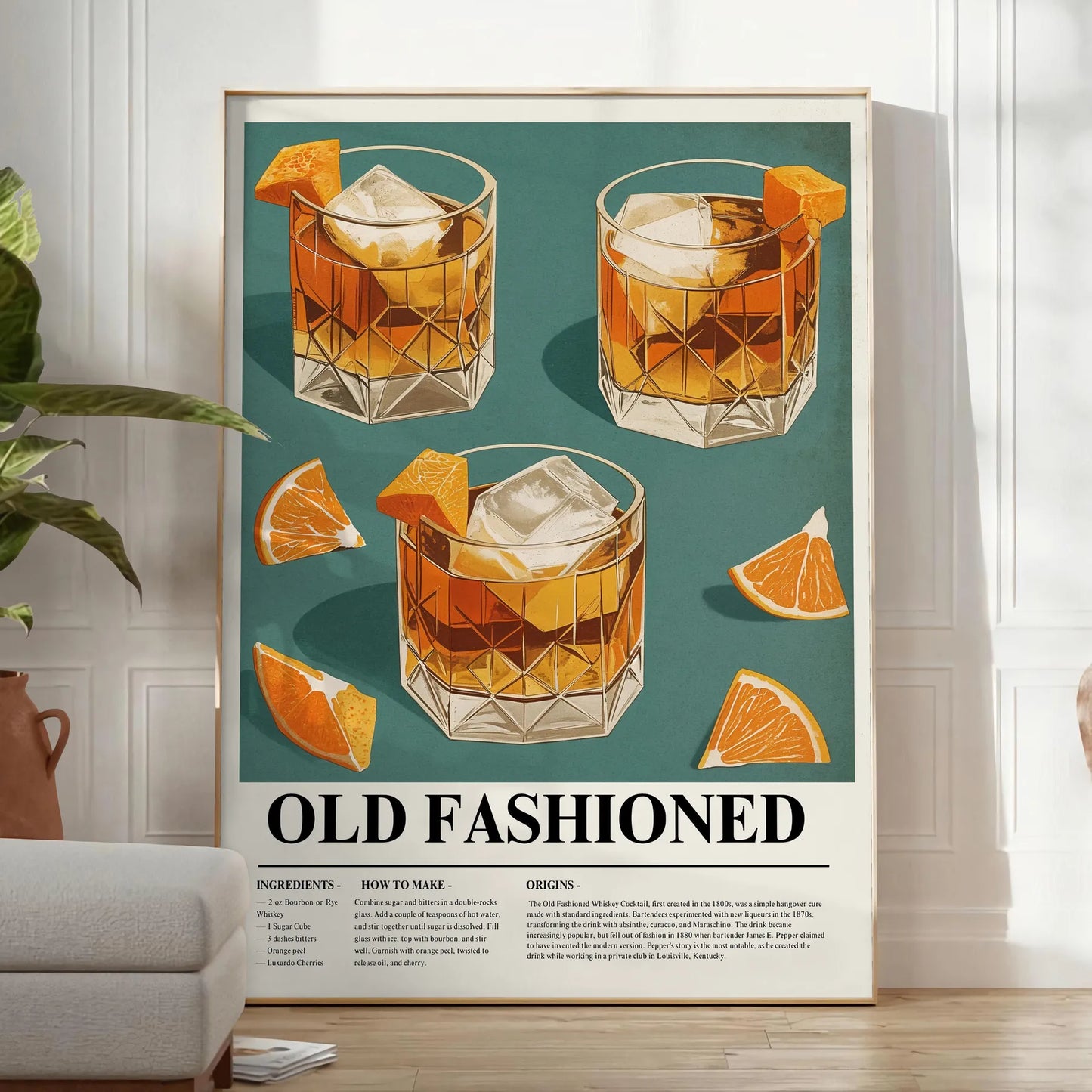 space striking Old Fashioned Cocktail poster vibrant orange sleek gray hues enthusiast vintage artwork dash retro charm decor unframed options style