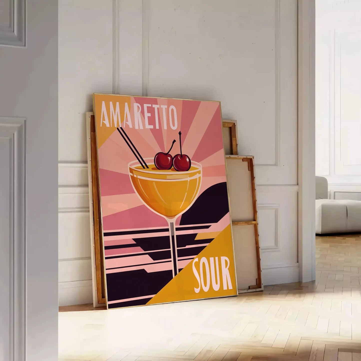 space vibrant Amaretto Sour Cocktail poster lively palette orange red enthusiasts eye design splash color room A4 cm A0 formats