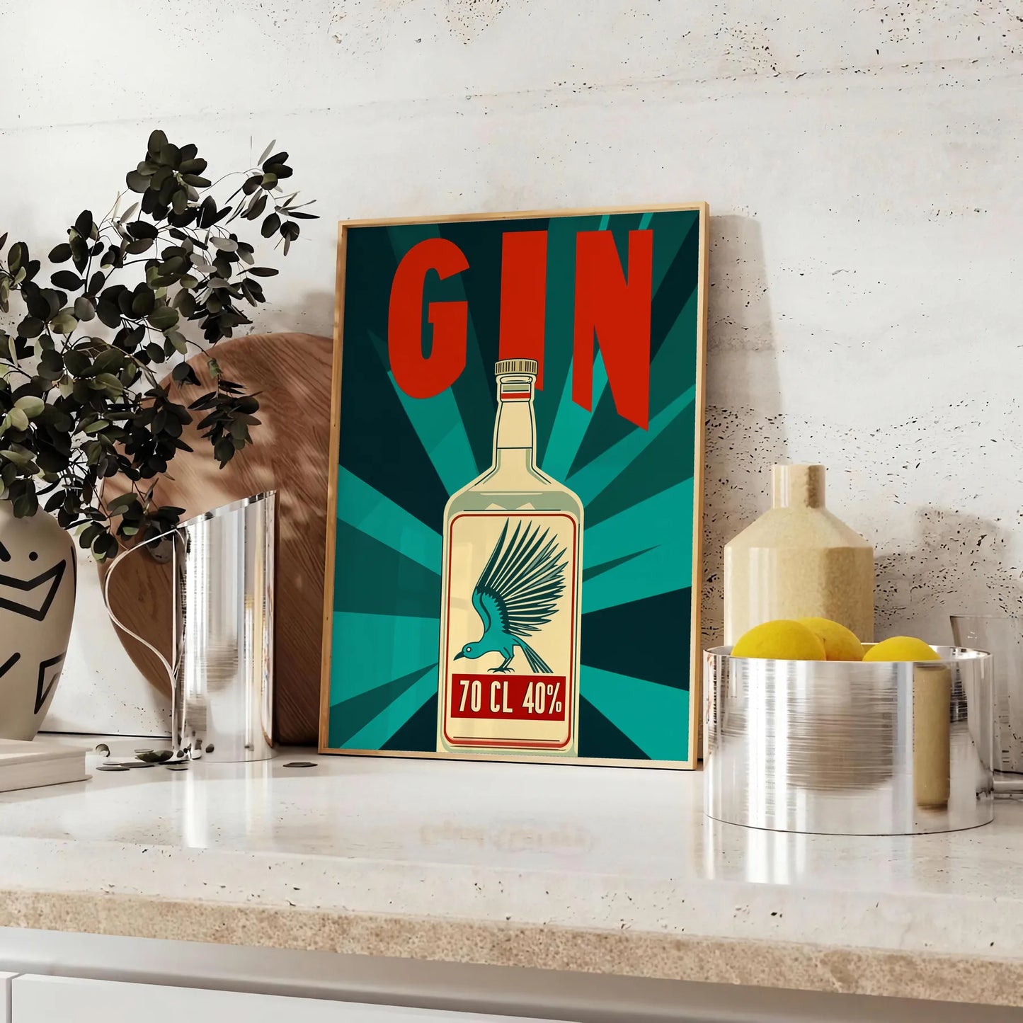 vibrant world gin cocktail artistry stunning poster lively hues orange blue home bars lounges essence mixology stylish design unframed option space