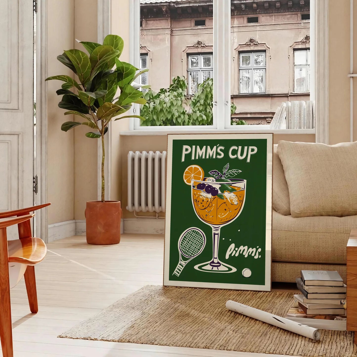 Wimbledon spirit vibrant Pimm Cup cocktail poster refreshing orange green hues eye design British charm space kitchens bars lounges A4 cm A0 dimensions