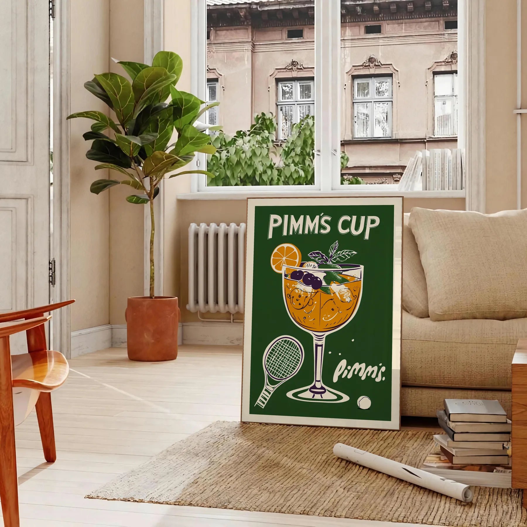 Wimbledon spirit vibrant Pimm Cup cocktail poster refreshing orange green hues eye design British charm space kitchens bars lounges A4 cm A0 dimensions