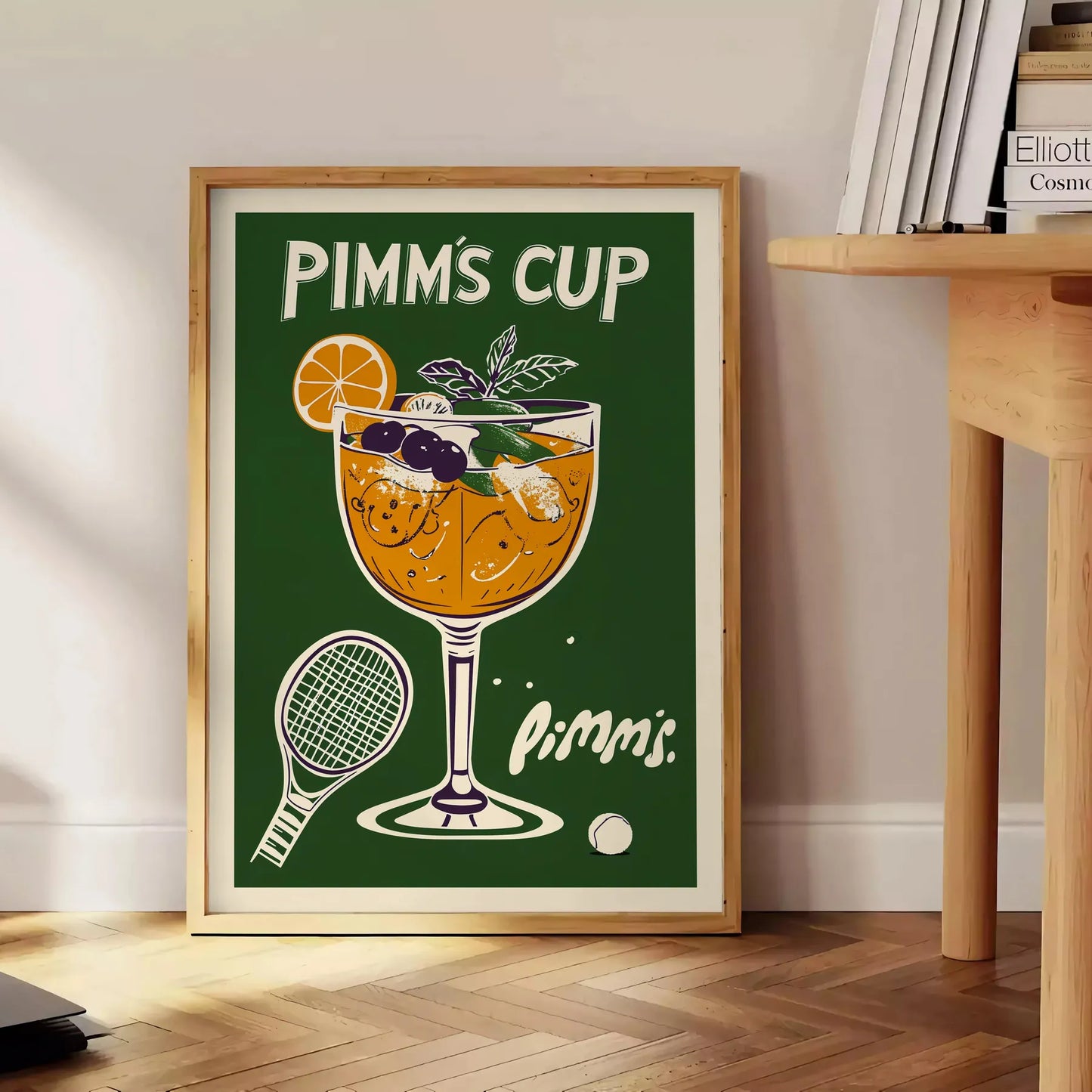 Wimbledon spirit vibrant Pimm Cup cocktail poster refreshing orange green hues eye design British charm space kitchens bars lounges A4 cm A0 dimensions