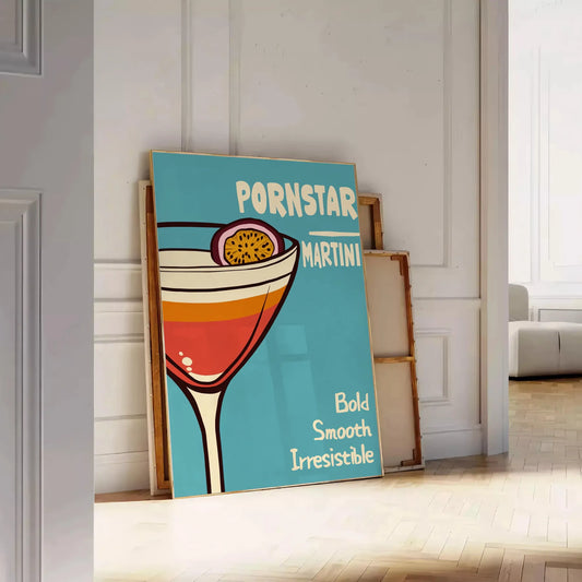 space vibrant Pornstar Martini Cocktail poster striking blue red color palette eye piece playful stylish touch decor lovers art enthusiasts