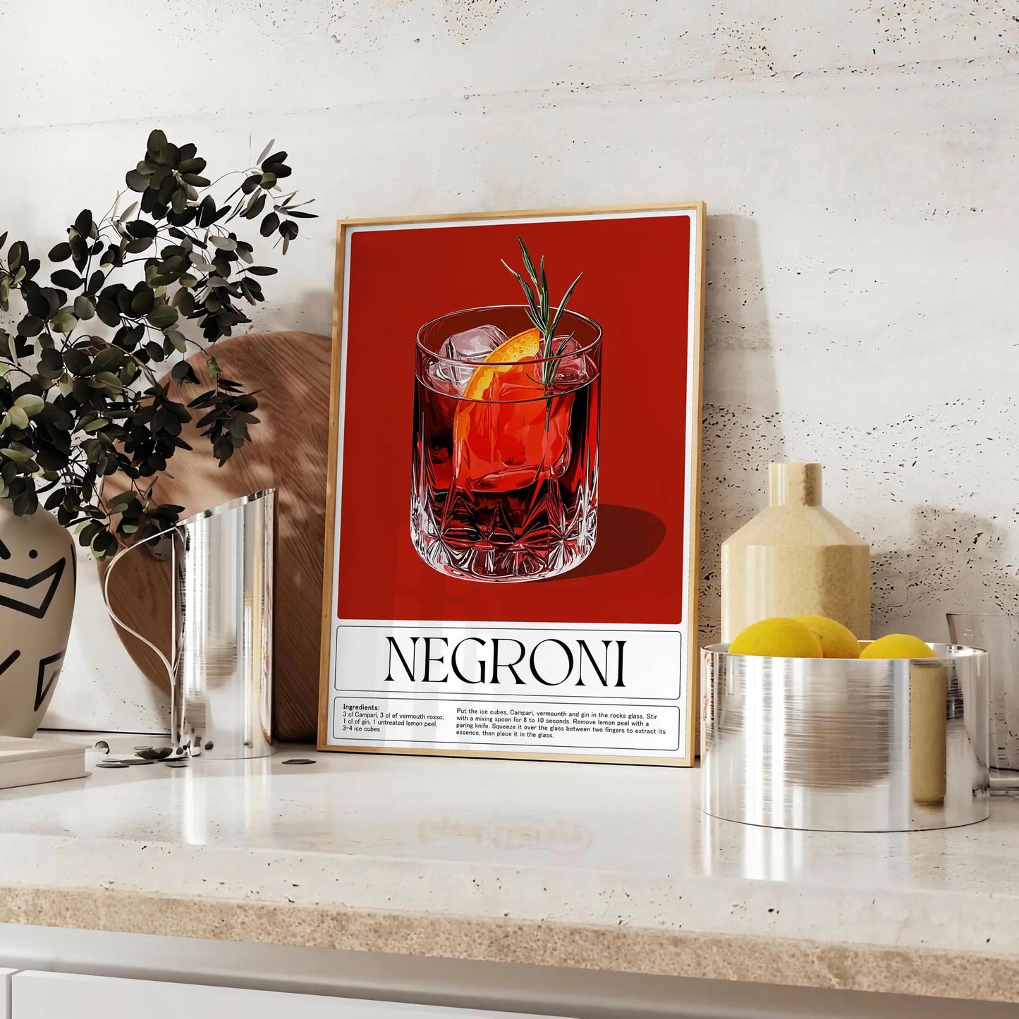 space stunning Negroni cocktail poster vibrant orange red hues lovers art enthusiasts eye design splash color room unframed version style