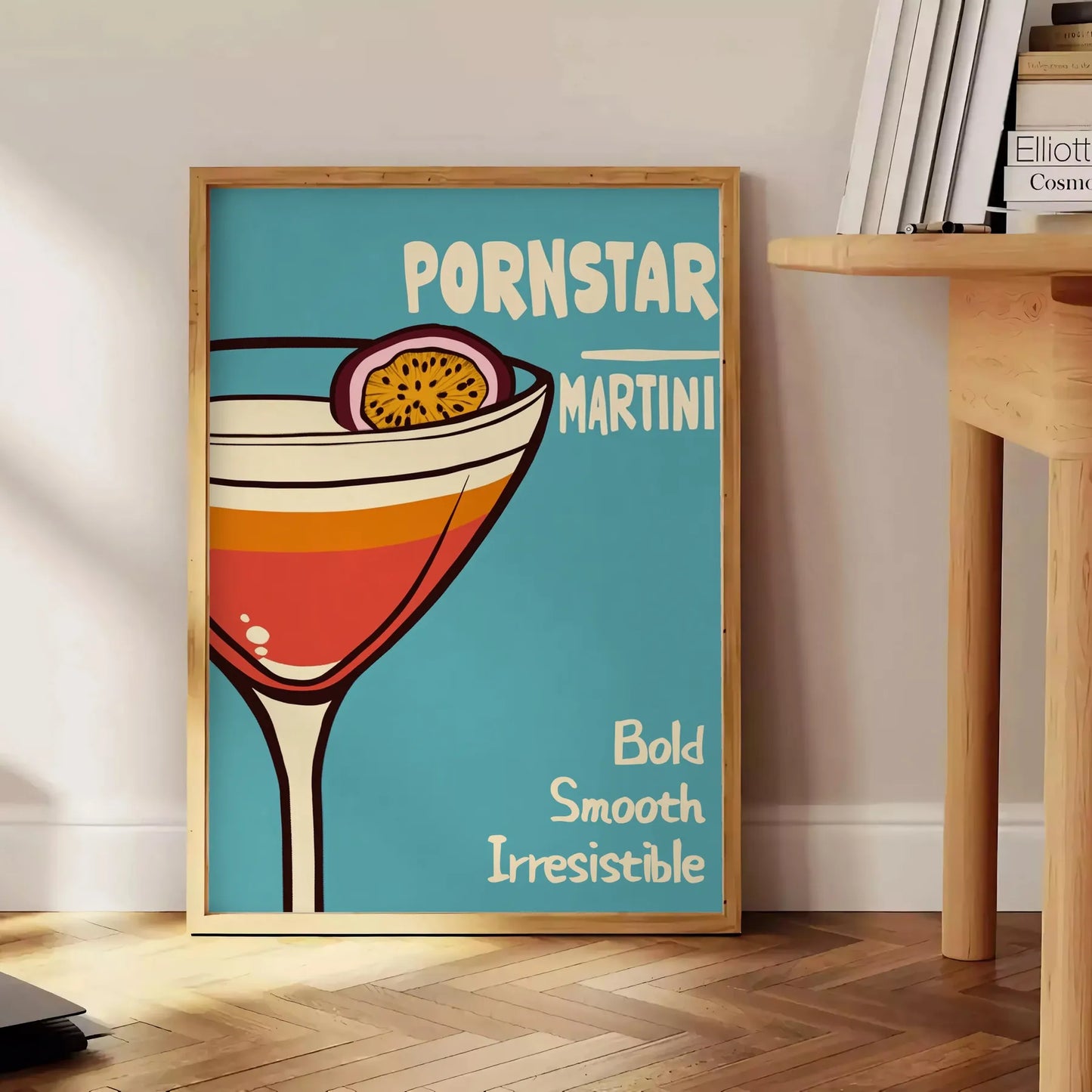 space vibrant Pornstar Martini Cocktail poster striking blue red color palette eye piece playful stylish touch decor lovers art enthusiasts