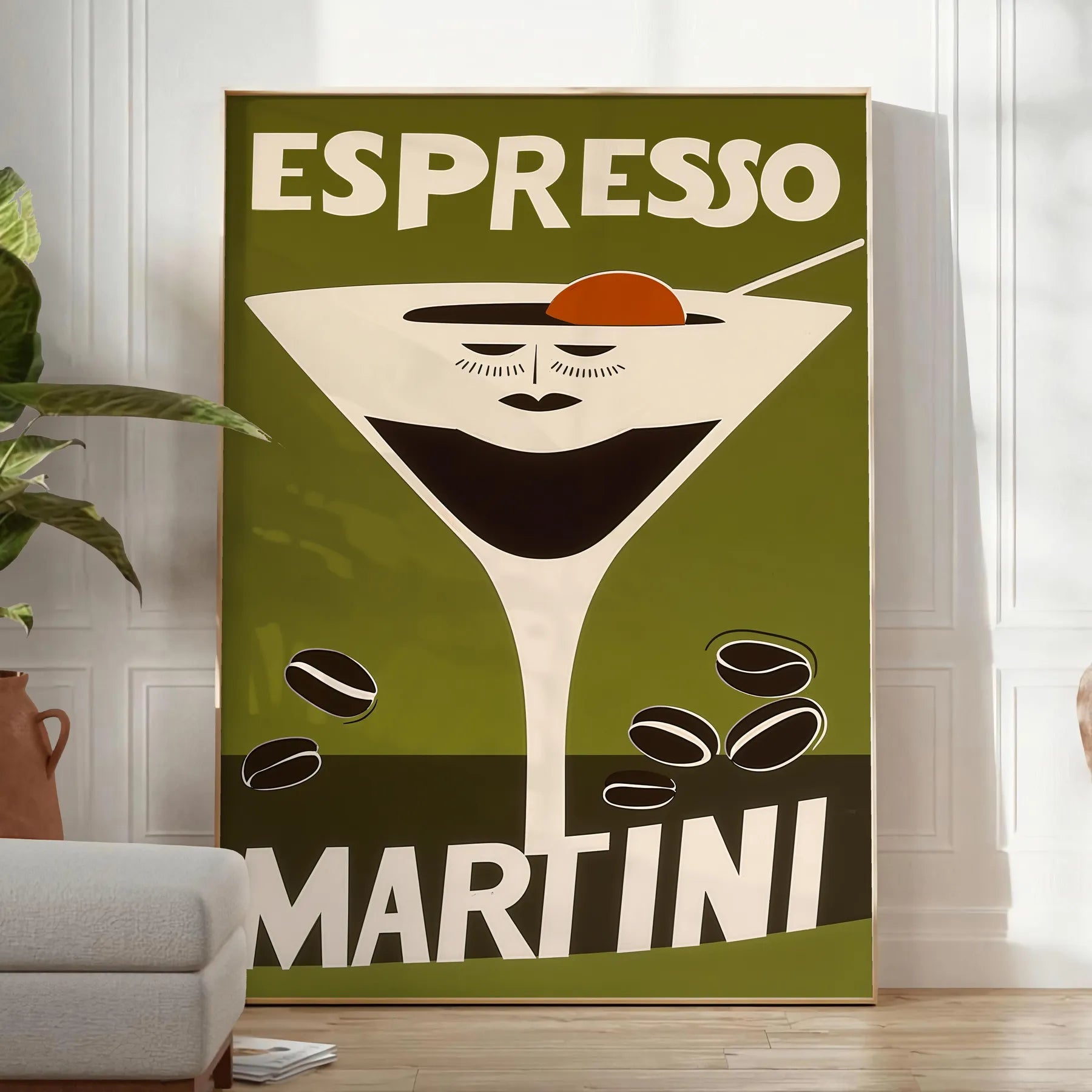 space vibrant Espresso Martini Cocktail poster bold orange green hues eye artwork perfect enthusiasts modern homes A4 cm A0 dimensions