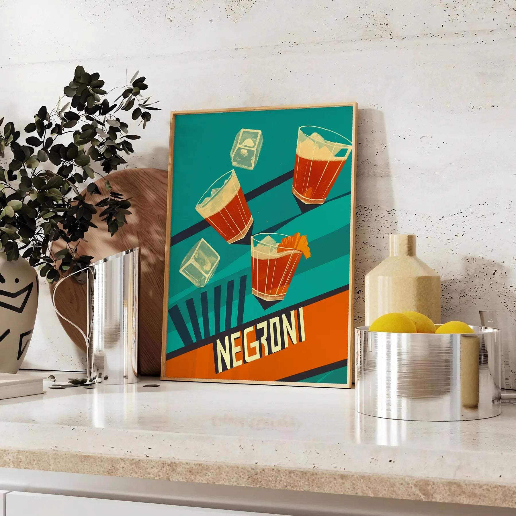 space vibrant Negroni cocktail poster striking blend orange green hues enthusiasts art lovers eye wall splash creativity room convenience