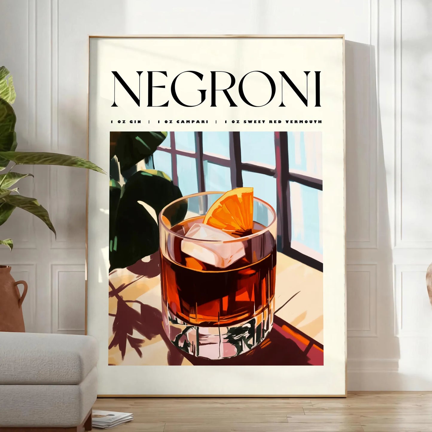 space vibrant Negroni cocktail poster chic white orange design enthusiasts art piece splash creativity room style options unframed display