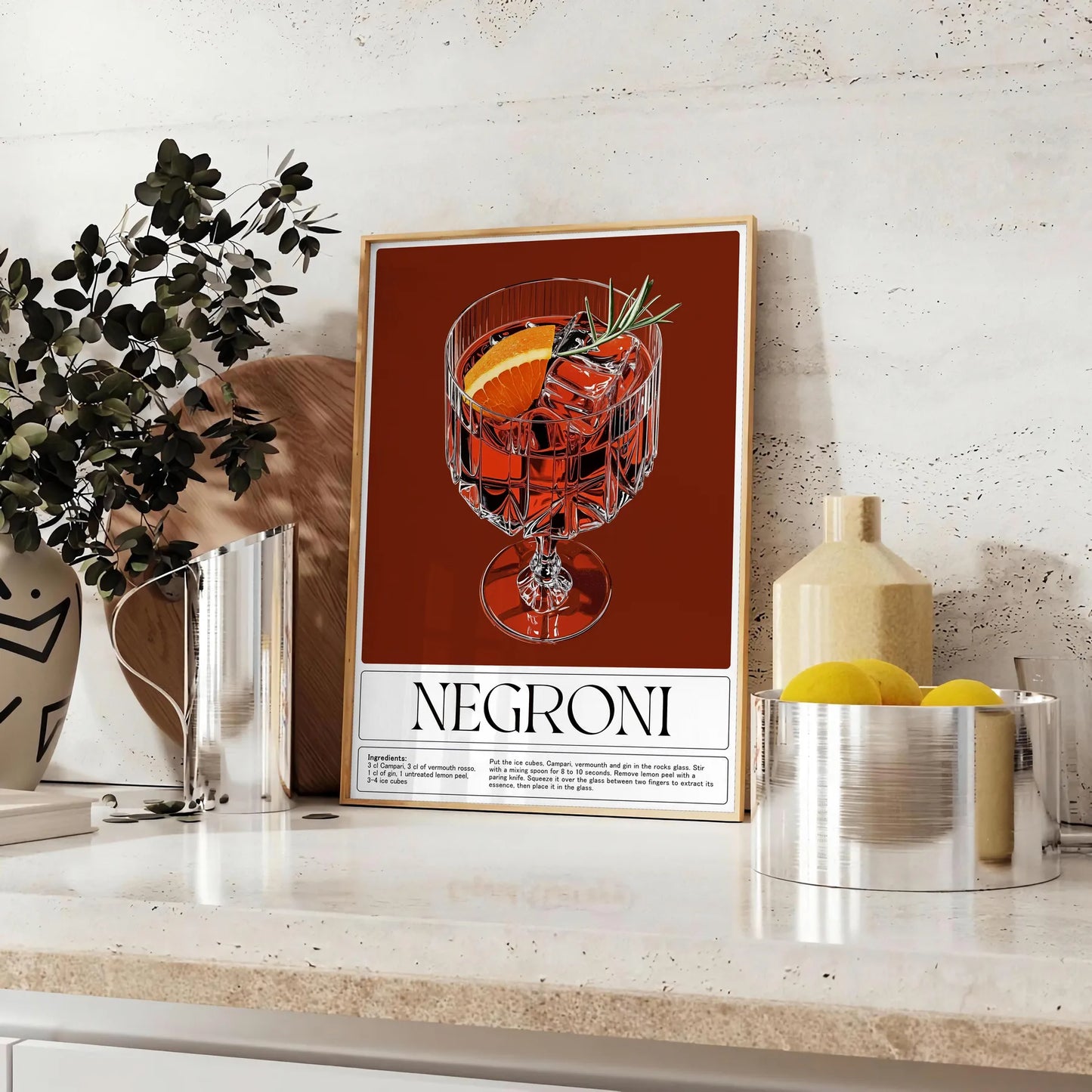 space stylish Negroni cocktail poster sophisticated gray brown palette touch elegance room lovers art enthusiasts decor