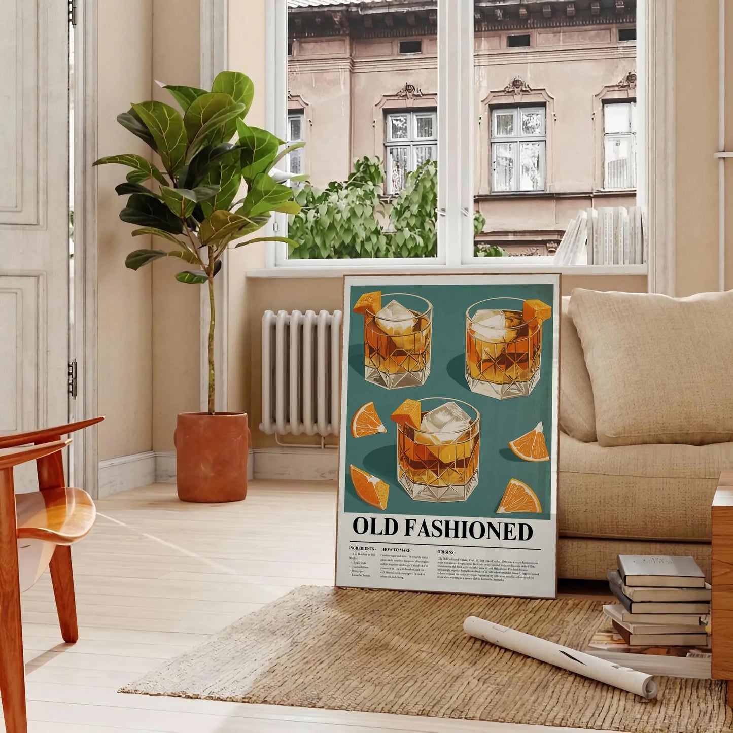 space striking Old Fashioned Cocktail poster vibrant orange sleek gray hues enthusiast vintage artwork dash retro charm decor unframed options style