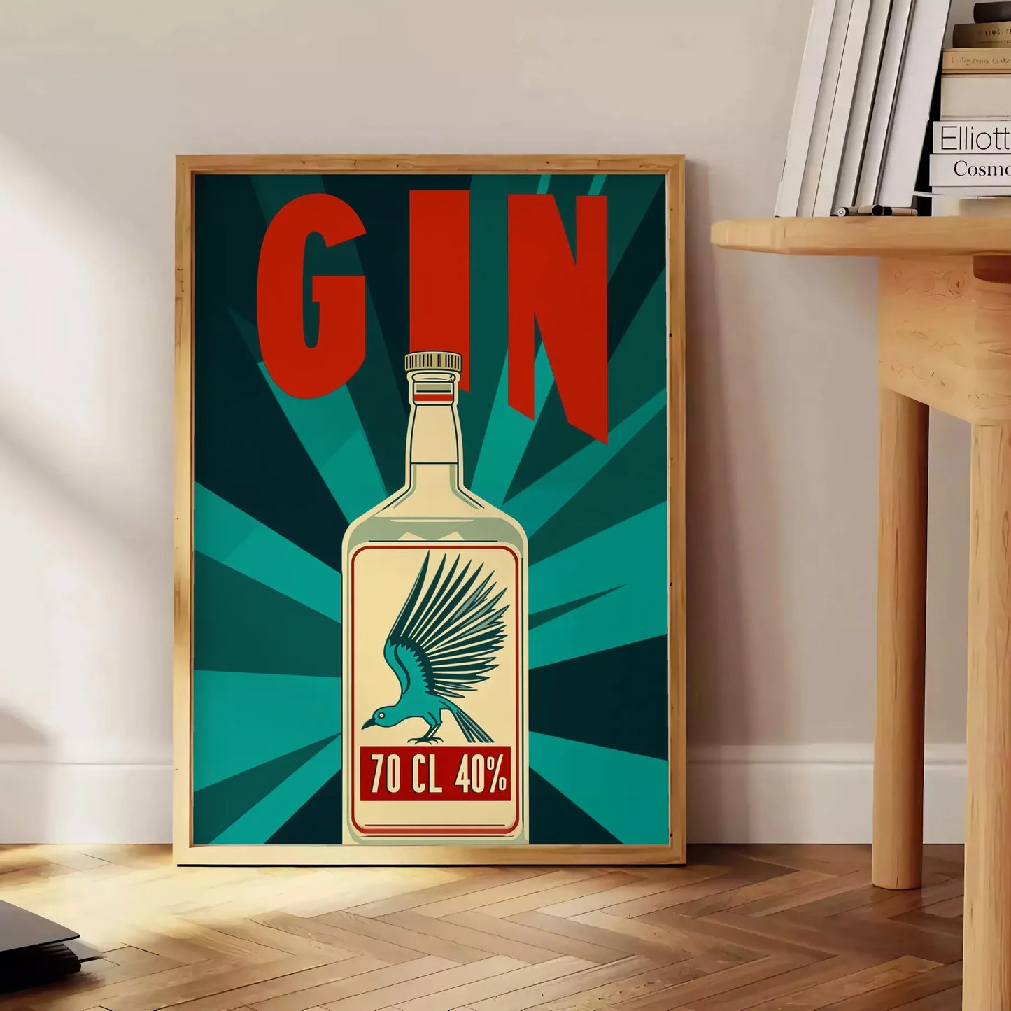 vibrant world gin cocktail artistry stunning poster lively hues orange blue home bars lounges essence mixology stylish design unframed option space