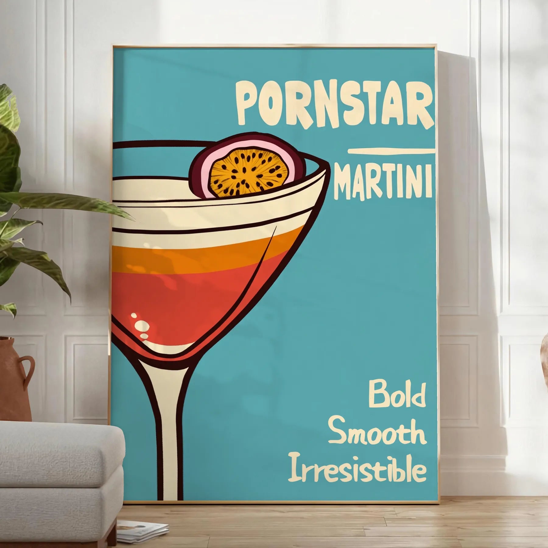 space vibrant Pornstar Martini Cocktail poster striking blue red color palette eye piece playful stylish touch decor lovers art enthusiasts