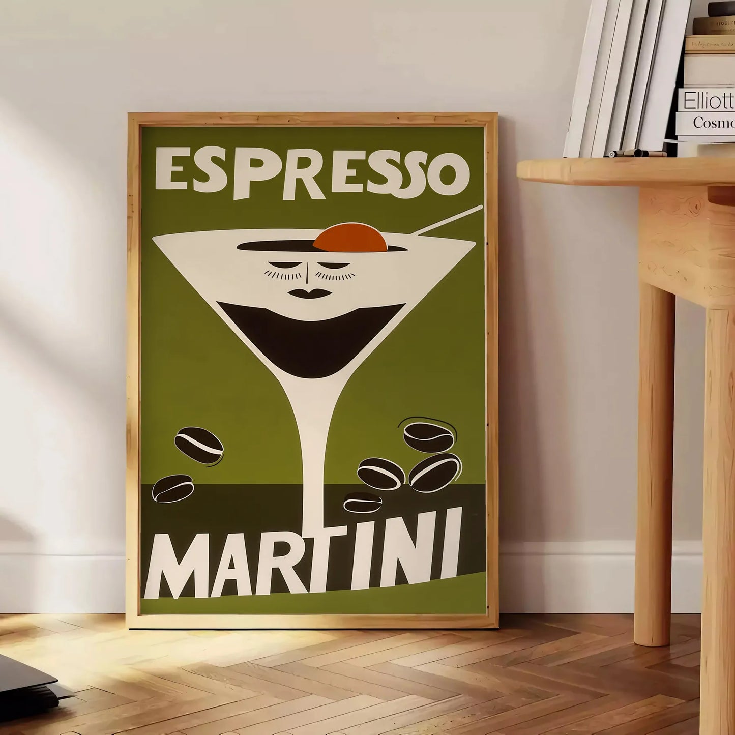 space vibrant Espresso Martini Cocktail poster bold orange green hues eye artwork perfect enthusiasts modern homes A4 cm A0 dimensions