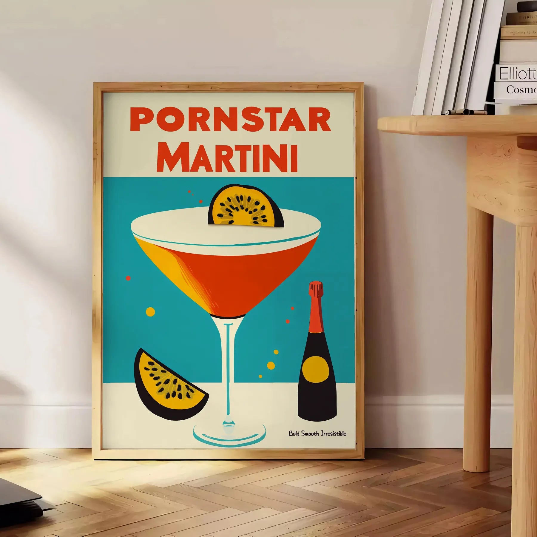 space vibrant Pornstar Martini Cocktail poster striking blue red color palette eye piece playful stylish touch decor lovers art enthusiasts