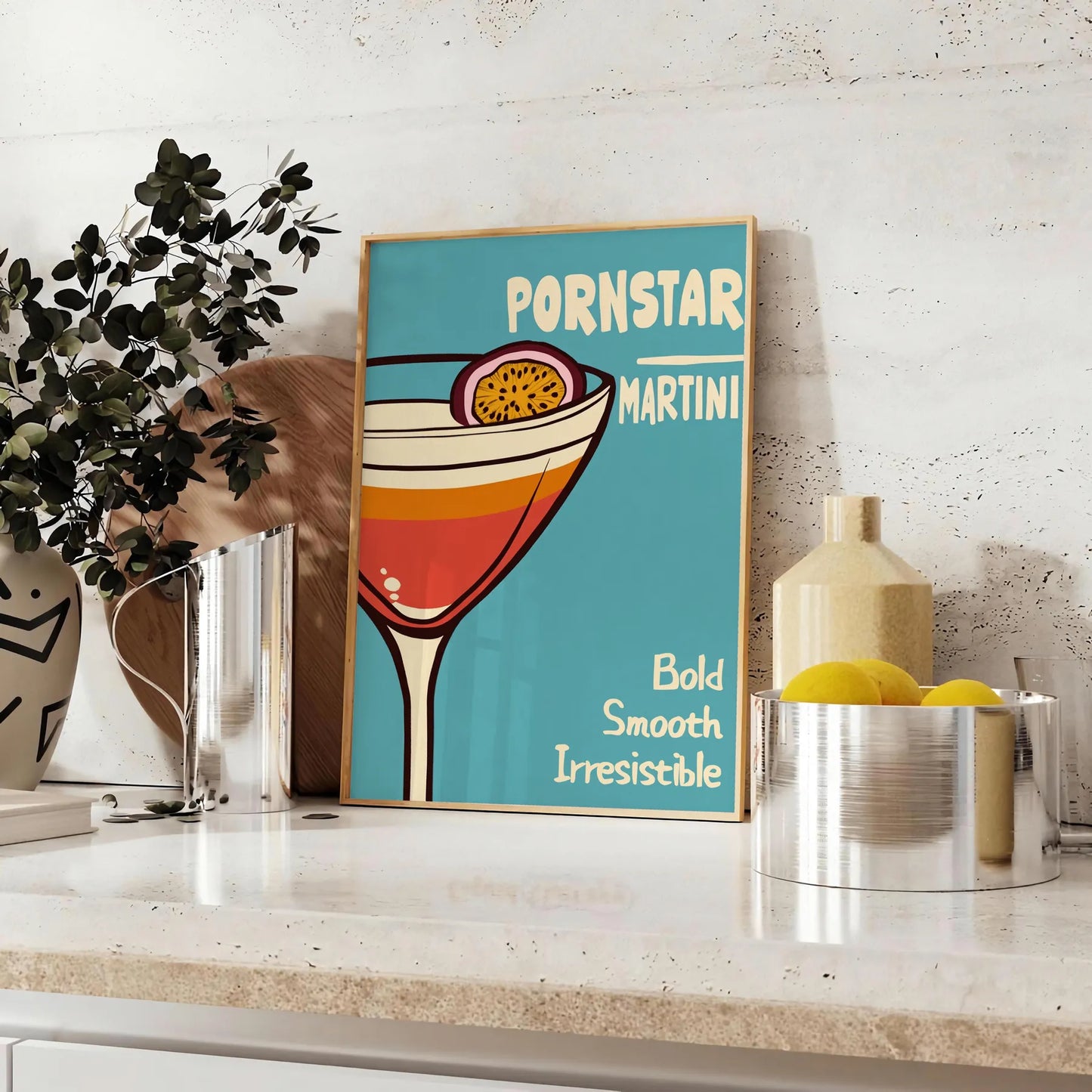 space vibrant Pornstar Martini Cocktail poster striking blue red color palette eye piece playful stylish touch decor lovers art enthusiasts