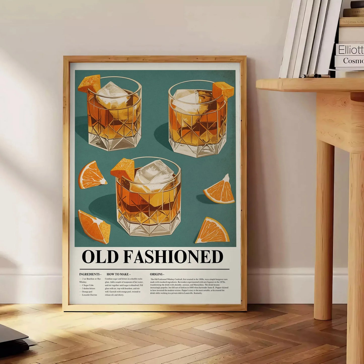 space striking Old Fashioned Cocktail poster vibrant orange sleek gray hues enthusiast vintage artwork dash retro charm decor unframed options style