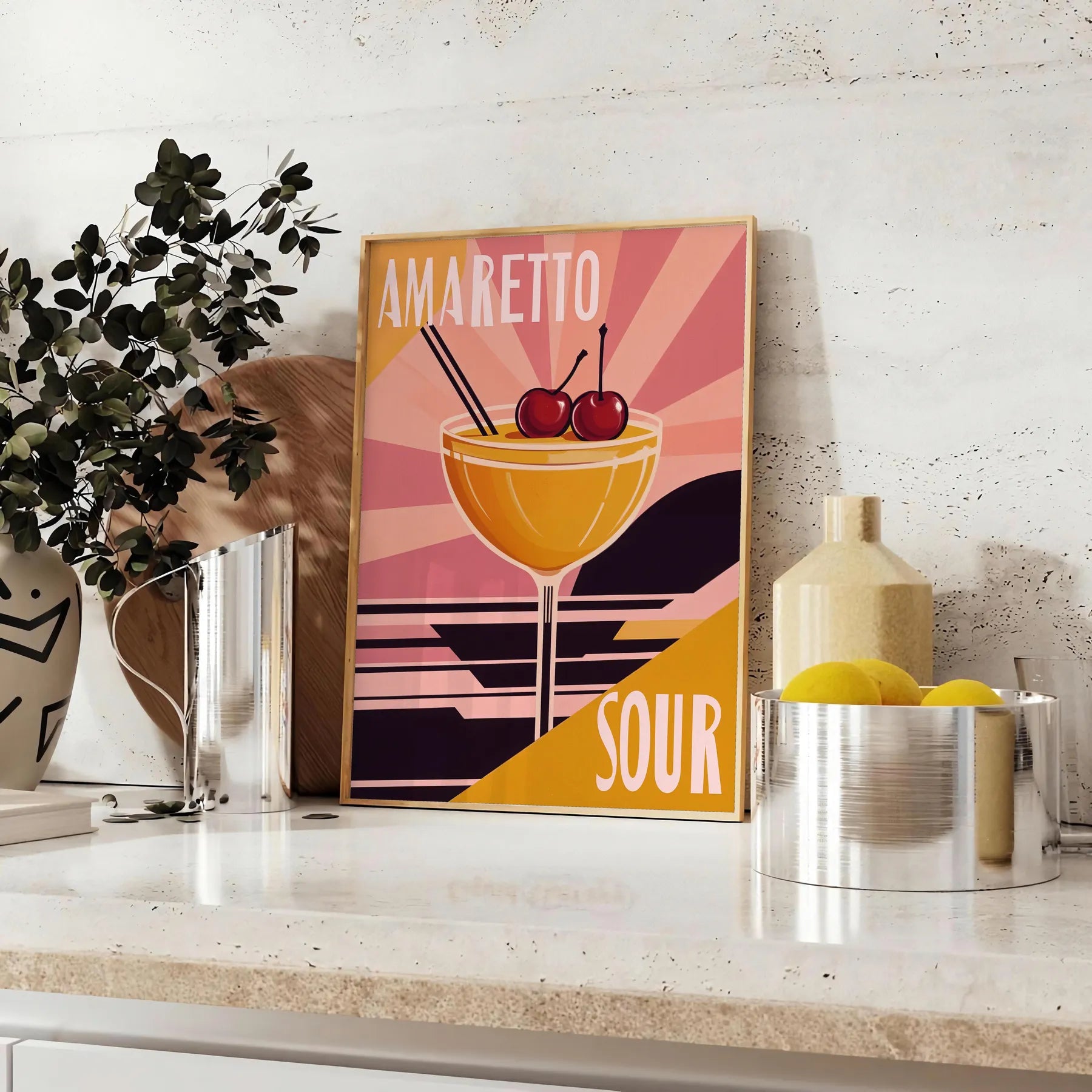 space vibrant Amaretto Sour Cocktail poster lively palette orange red enthusiasts eye design splash color room A4 cm A0 formats