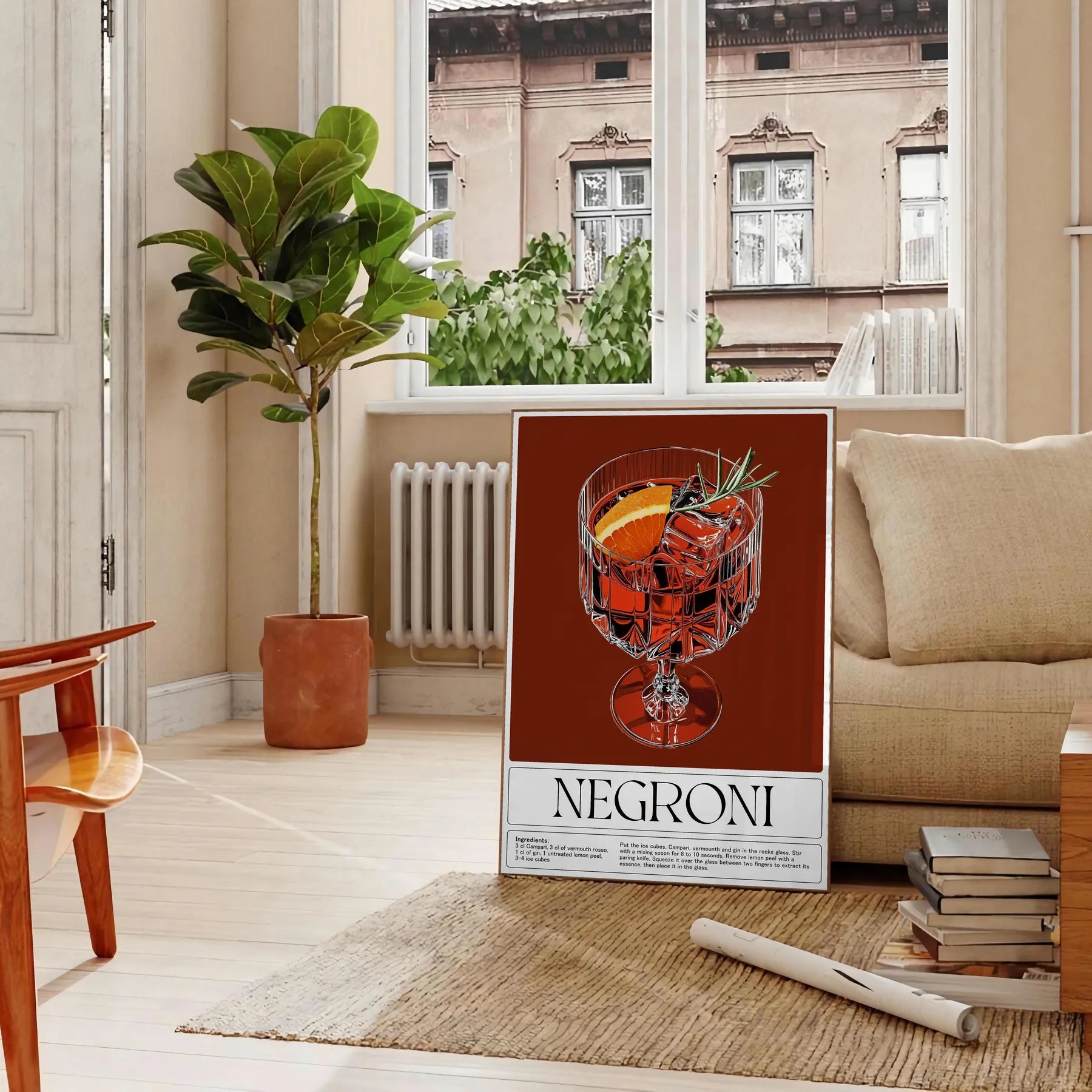 space stylish Negroni cocktail poster sophisticated gray brown palette touch elegance room lovers art enthusiasts decor