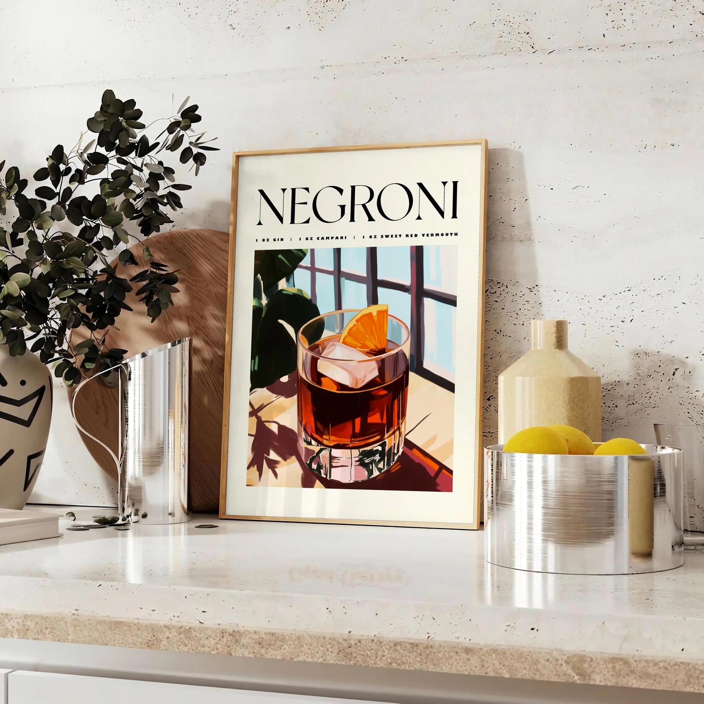 space vibrant Negroni cocktail poster chic white orange design enthusiasts art piece splash creativity room style options unframed display