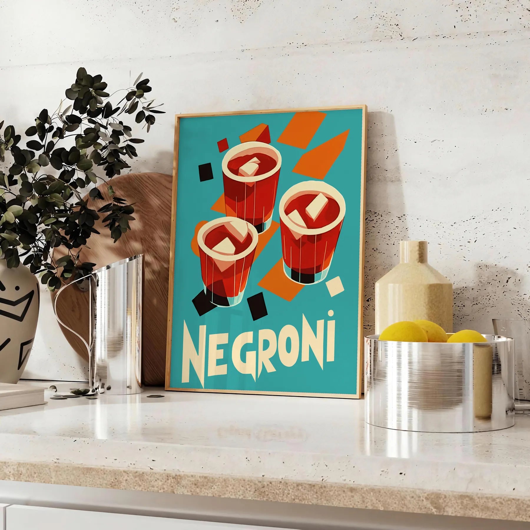 space stunning Negroni cocktail poster vibrant orange rich brown hues timeless elegance passion mixology decor enthusiasts art lovers unframed options