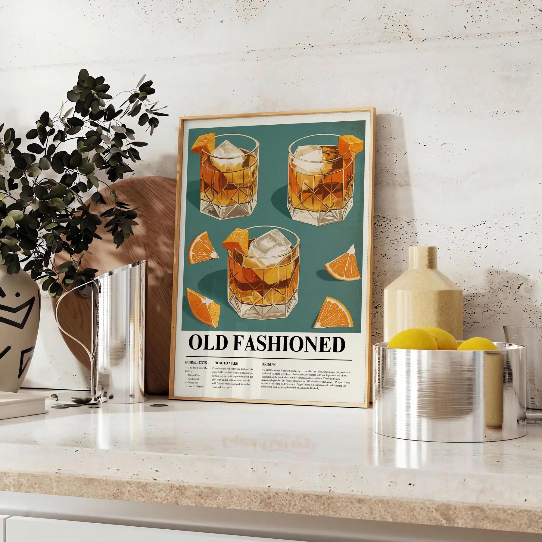 space striking Old Fashioned Cocktail poster vibrant orange sleek gray hues enthusiast vintage artwork dash retro charm decor unframed options style