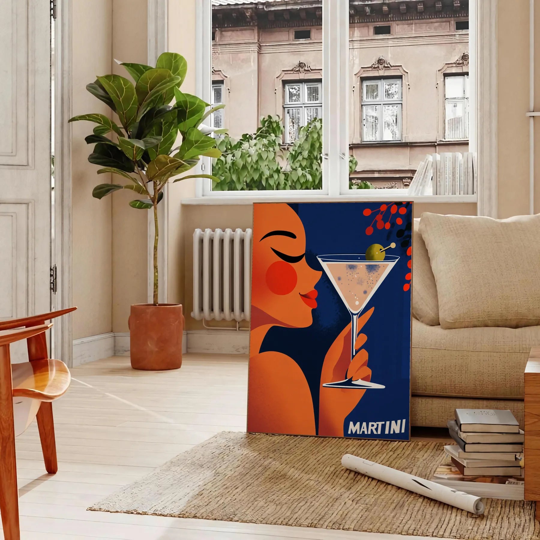 space vibrant Woman Martini Cocktail poster stunning blend orange green hues lovers art enthusiasts splash elegance room A4 cm A0 dimensions