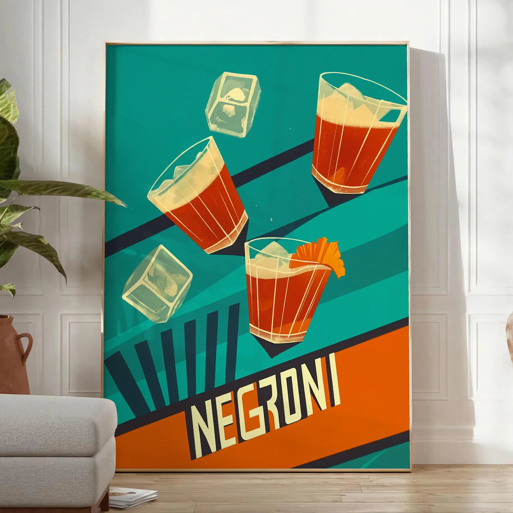 space vibrant Negroni cocktail poster striking blend orange green hues enthusiasts art lovers eye wall splash creativity room convenience