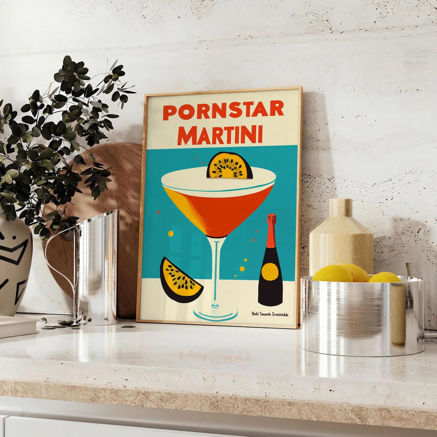 space vibrant Pornstar Martini Cocktail poster striking blue red color palette eye piece playful stylish touch decor lovers art enthusiasts