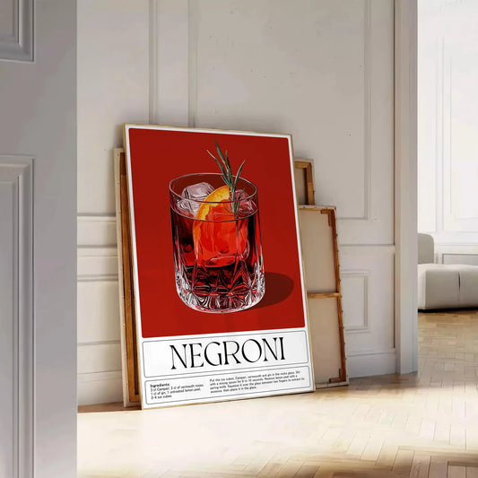 space stunning Negroni cocktail poster vibrant orange red hues lovers art enthusiasts eye design splash color room unframed version style