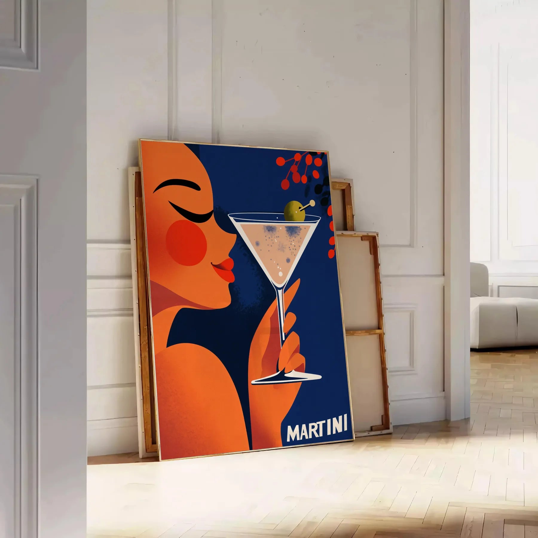 space vibrant Woman Martini Cocktail poster stunning blend orange green hues lovers art enthusiasts splash elegance room A4 cm A0 dimensions