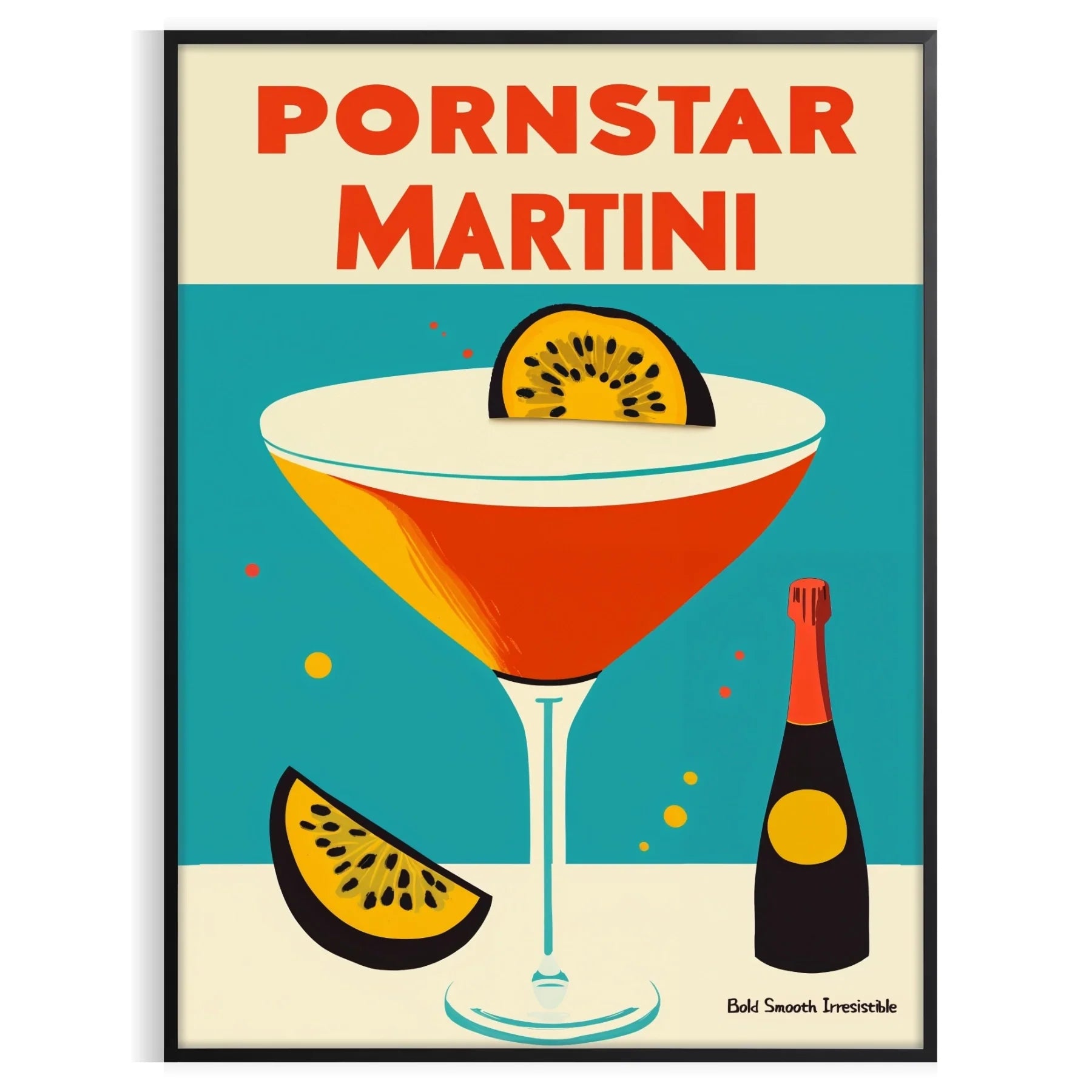 space vibrant Pornstar Martini Cocktail poster striking blue red color palette eye piece playful stylish touch decor lovers art enthusiasts