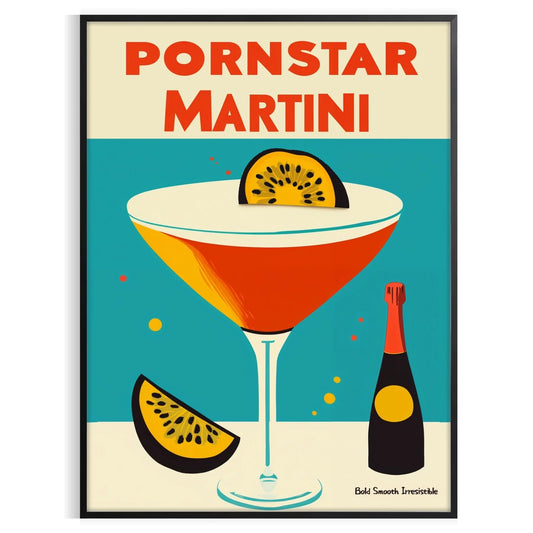 space vibrant Pornstar Martini Cocktail poster striking blue red color palette eye piece playful stylish touch decor lovers art enthusiasts