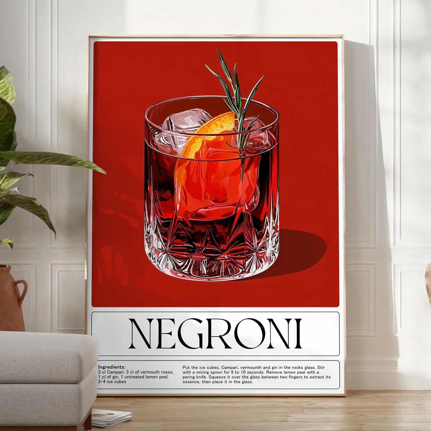 space stunning Negroni cocktail poster vibrant orange red hues lovers art enthusiasts eye design splash color room unframed version style