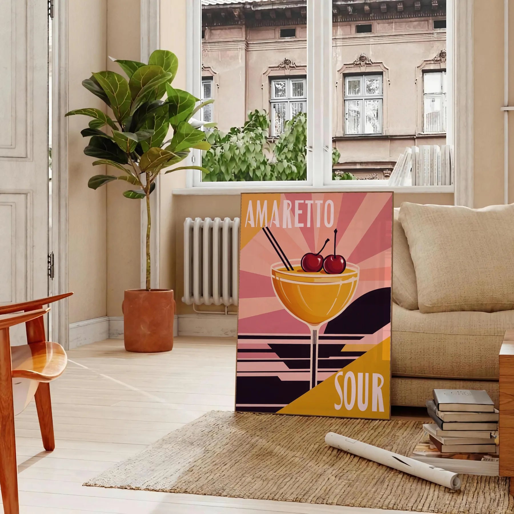 space vibrant Amaretto Sour Cocktail poster lively palette orange red enthusiasts eye design splash color room A4 cm A0 formats