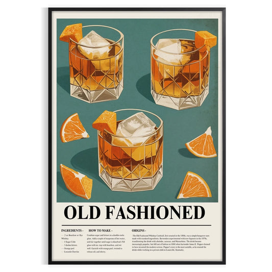 space striking Old Fashioned Cocktail poster vibrant orange sleek gray hues enthusiast vintage artwork dash retro charm decor unframed options style