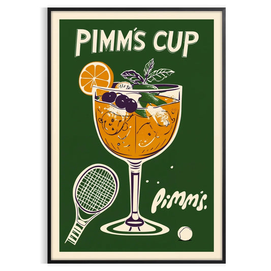 Wimbledon spirit vibrant Pimm Cup cocktail poster refreshing orange green hues eye design British charm space kitchens bars lounges A4 cm A0 dimensions