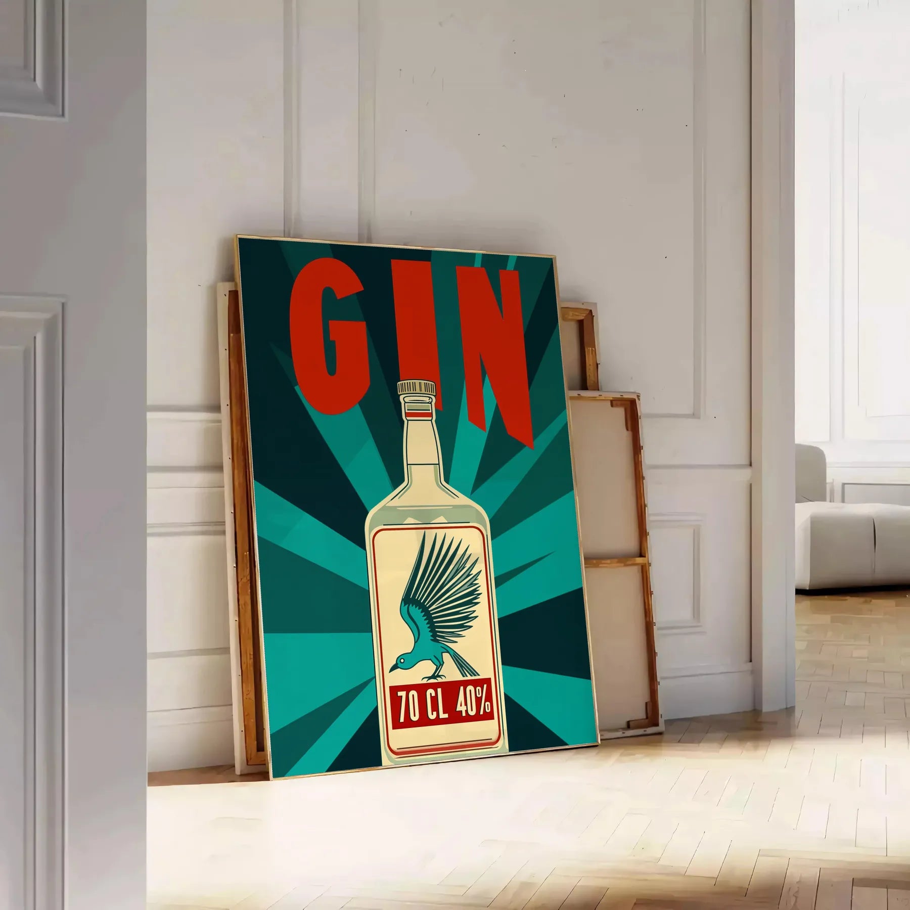 vibrant world gin cocktail artistry stunning poster lively hues orange blue home bars lounges essence mixology stylish design unframed option space