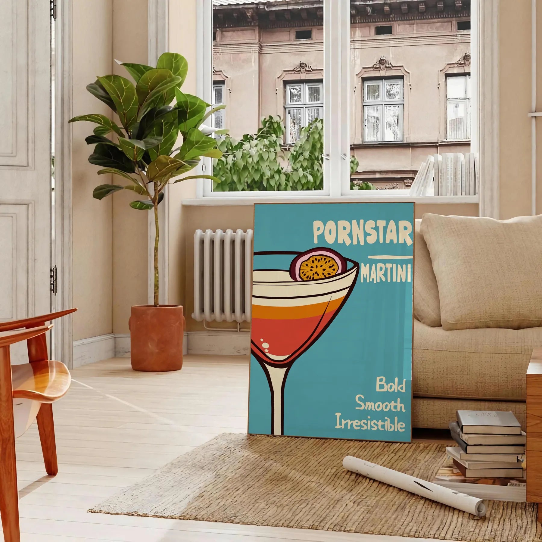 space vibrant Pornstar Martini Cocktail poster striking blue red color palette eye piece playful stylish touch decor lovers art enthusiasts