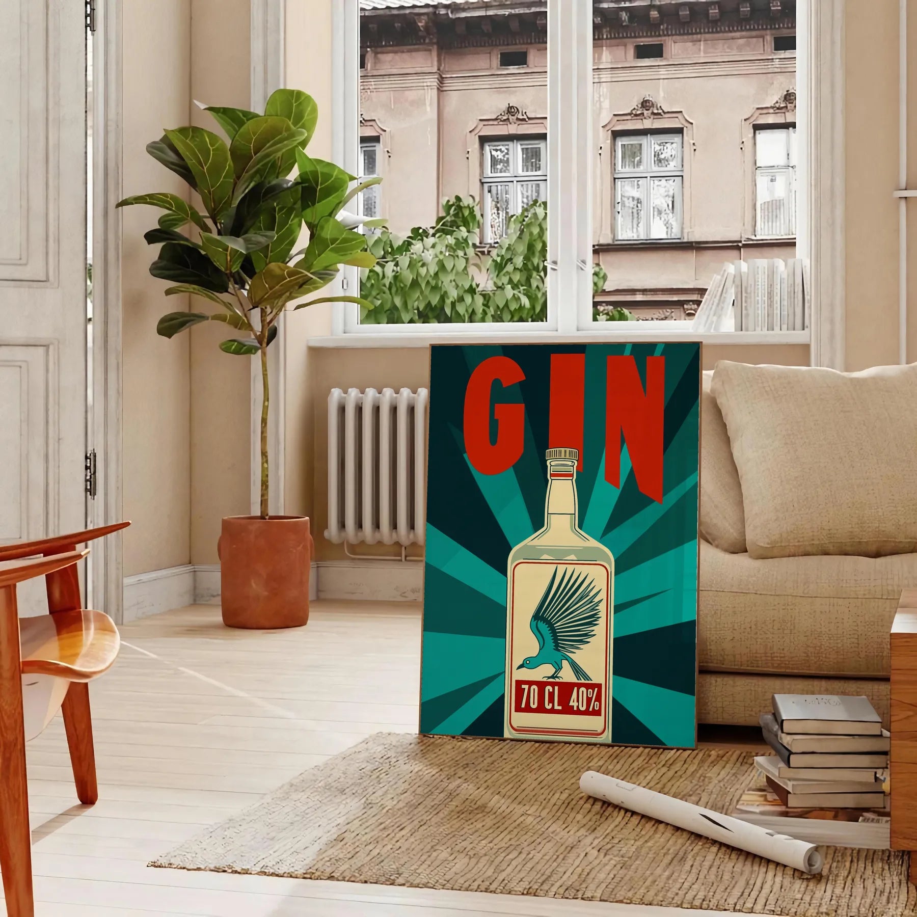 vibrant world gin cocktail artistry stunning poster lively hues orange blue home bars lounges essence mixology stylish design unframed option space