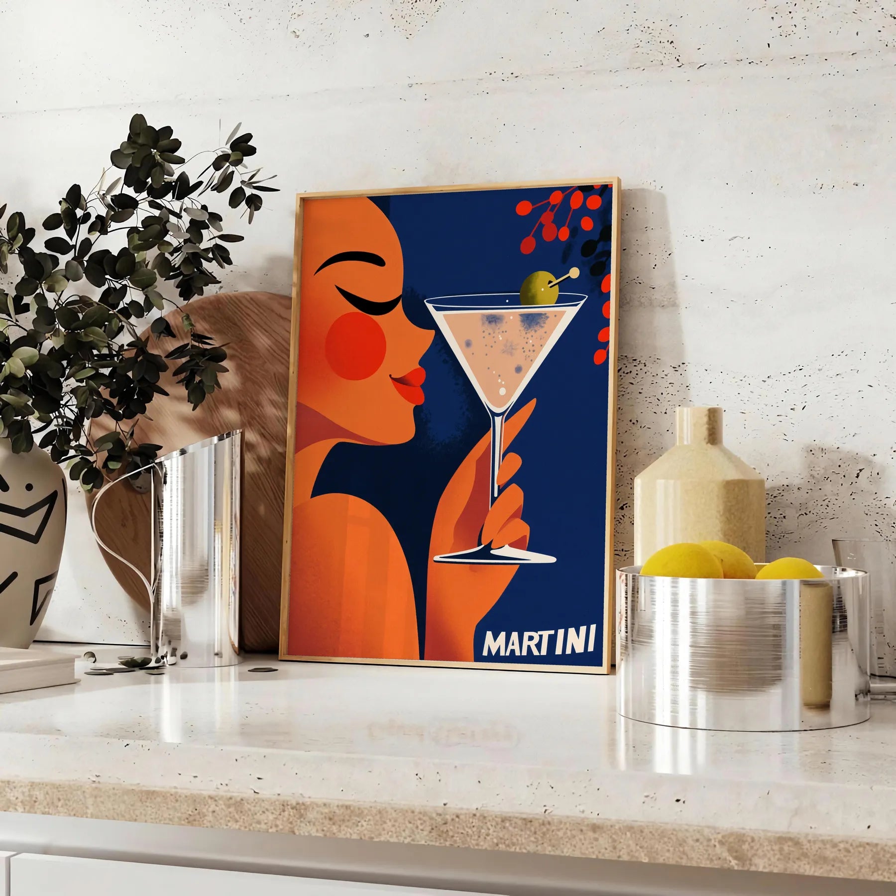 space vibrant Woman Martini Cocktail poster stunning blend orange green hues lovers art enthusiasts splash elegance room A4 cm A0 dimensions