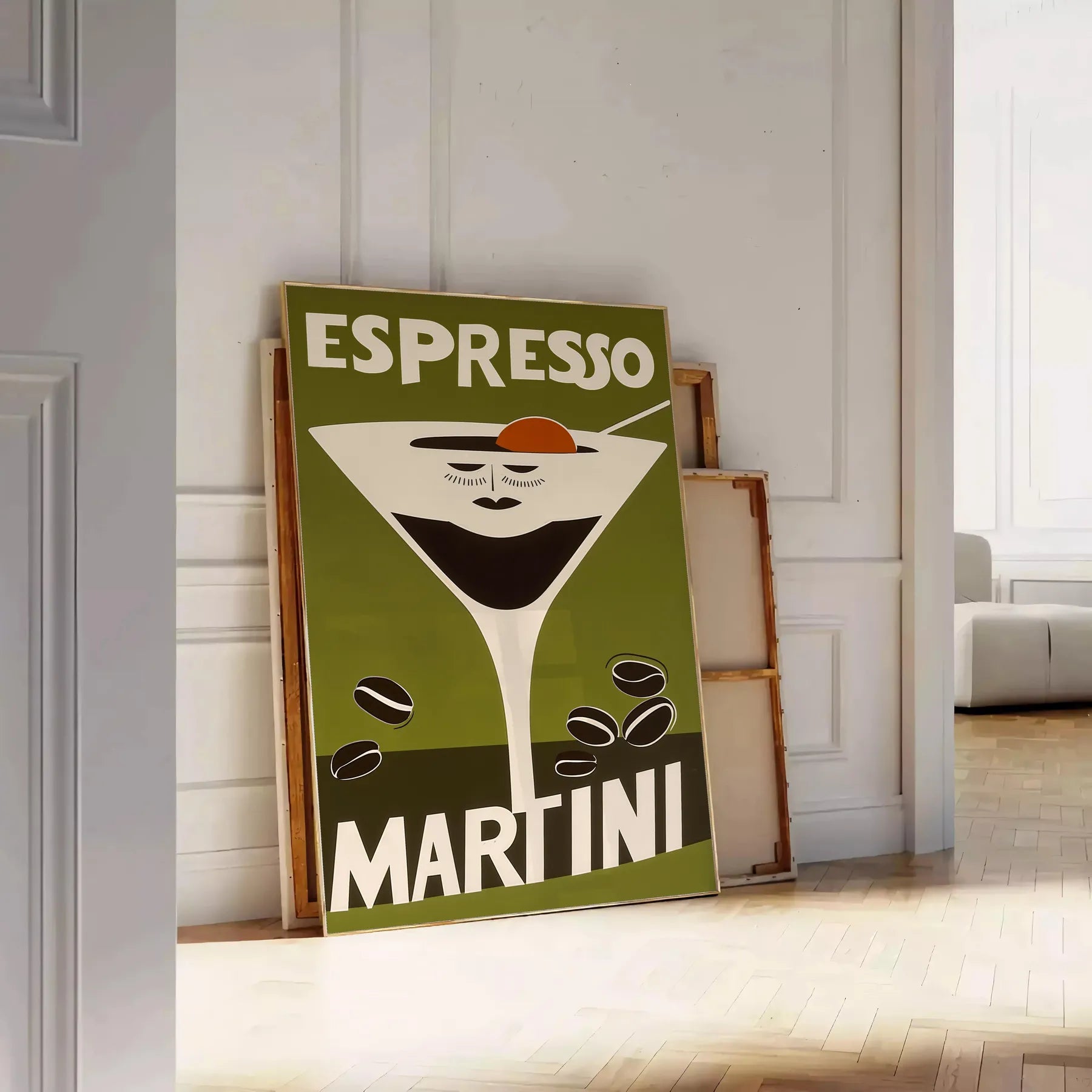 space vibrant Espresso Martini Cocktail poster bold orange green hues eye artwork perfect enthusiasts modern homes A4 cm A0 dimensions