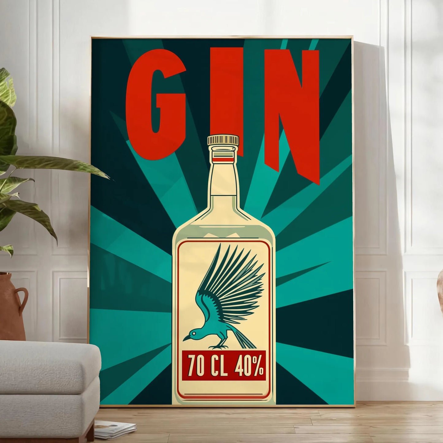 vibrant world gin cocktail artistry stunning poster lively hues orange blue home bars lounges essence mixology stylish design unframed option space