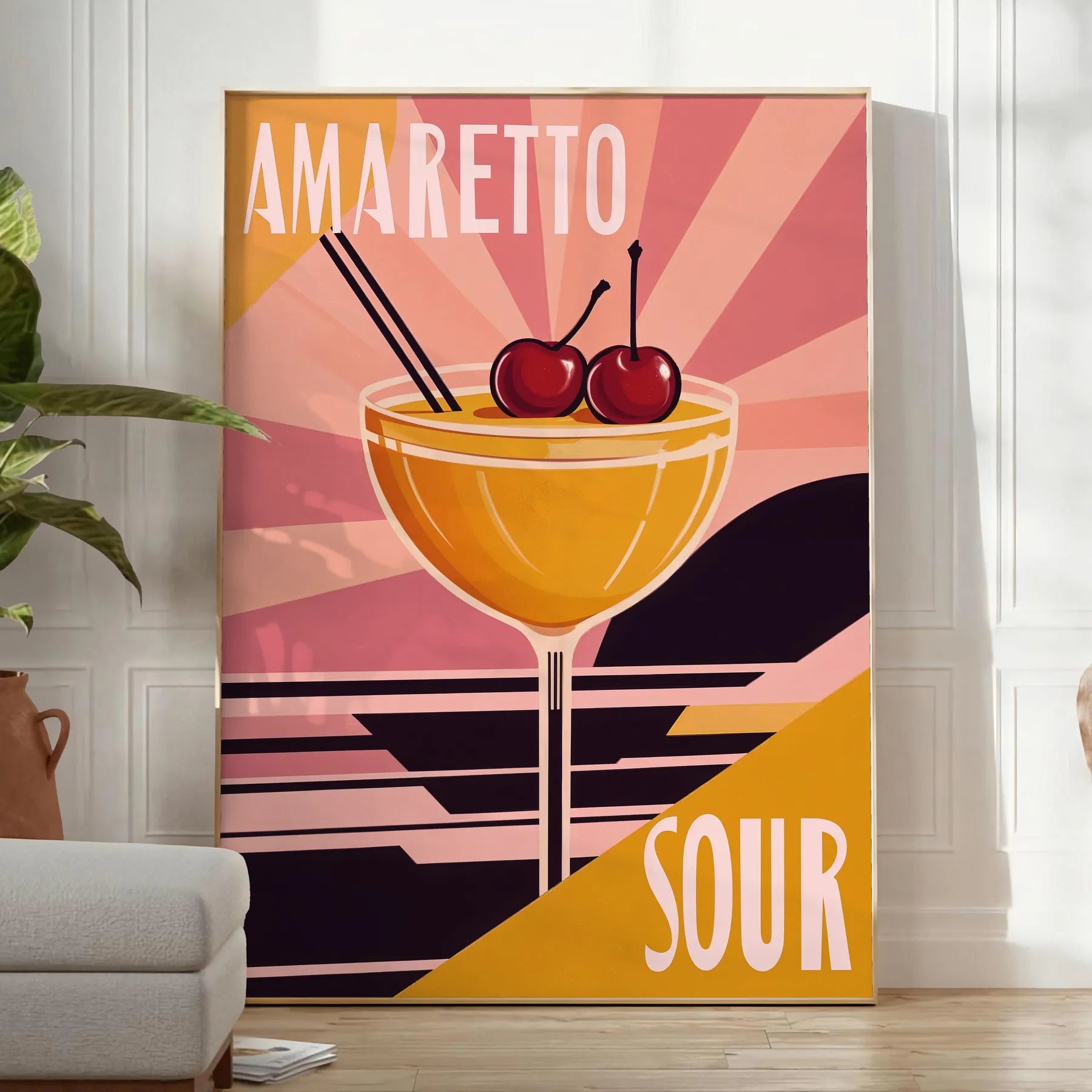 space vibrant Amaretto Sour Cocktail poster lively palette orange red enthusiasts eye design splash color room A4 cm A0 formats