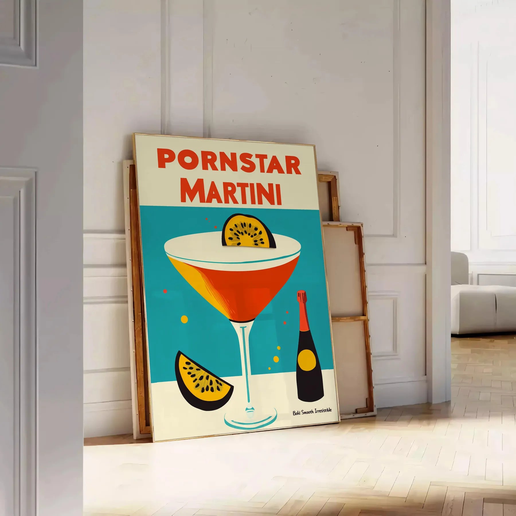 space vibrant Pornstar Martini Cocktail poster striking blue red color palette eye piece playful stylish touch decor lovers art enthusiasts