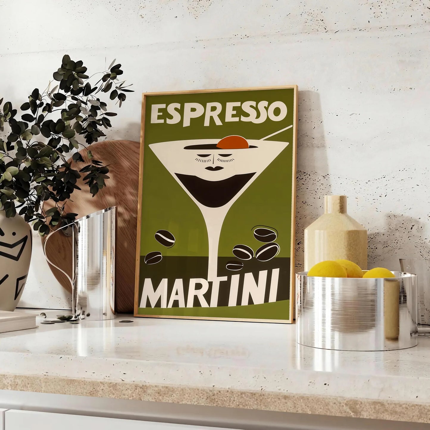 space vibrant Espresso Martini Cocktail poster bold orange green hues eye artwork perfect enthusiasts modern homes A4 cm A0 dimensions